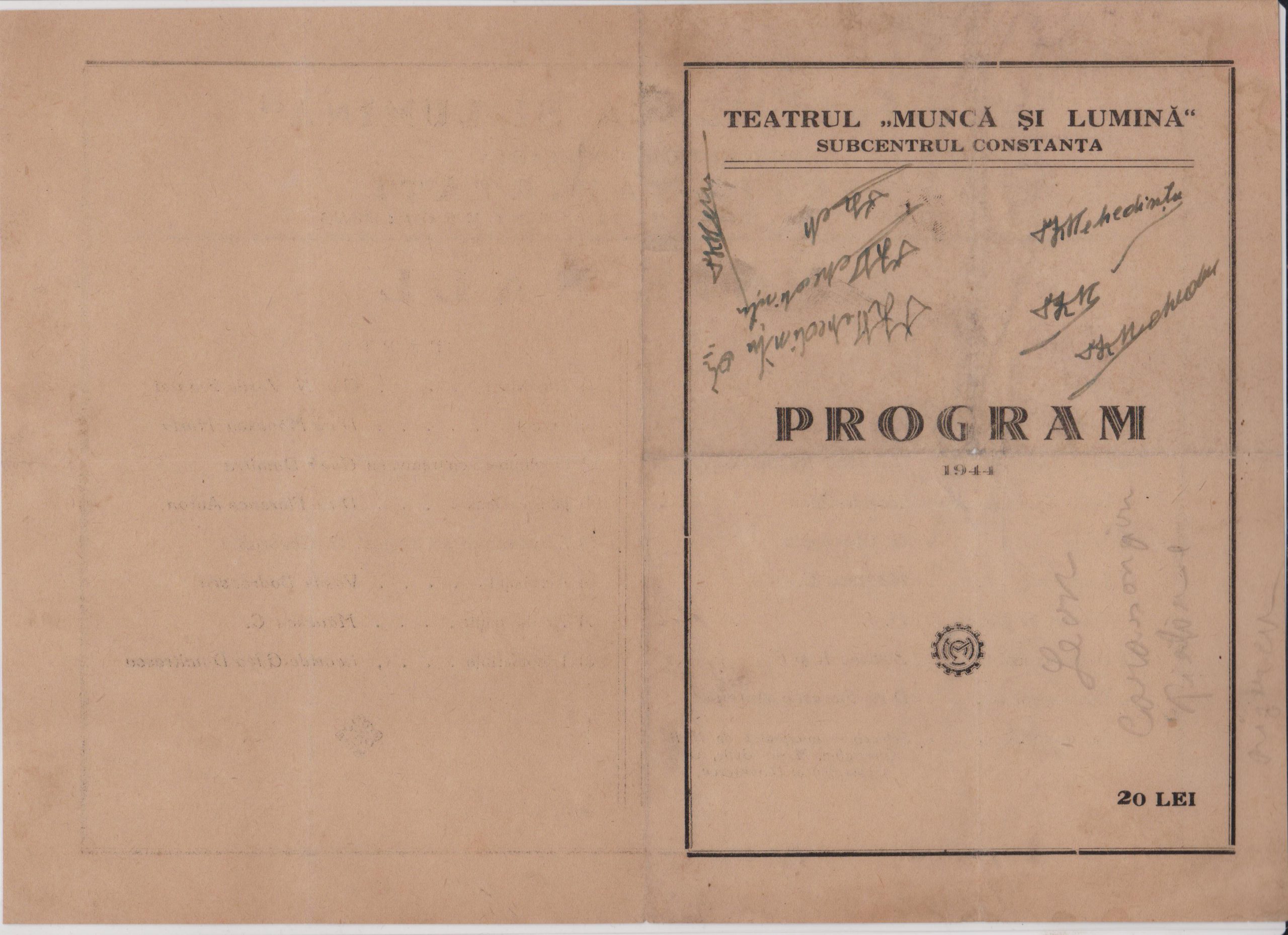 _0785 063 569, CONSTANTA – vand Program Program Musik-Hall, 100 RON, 1944