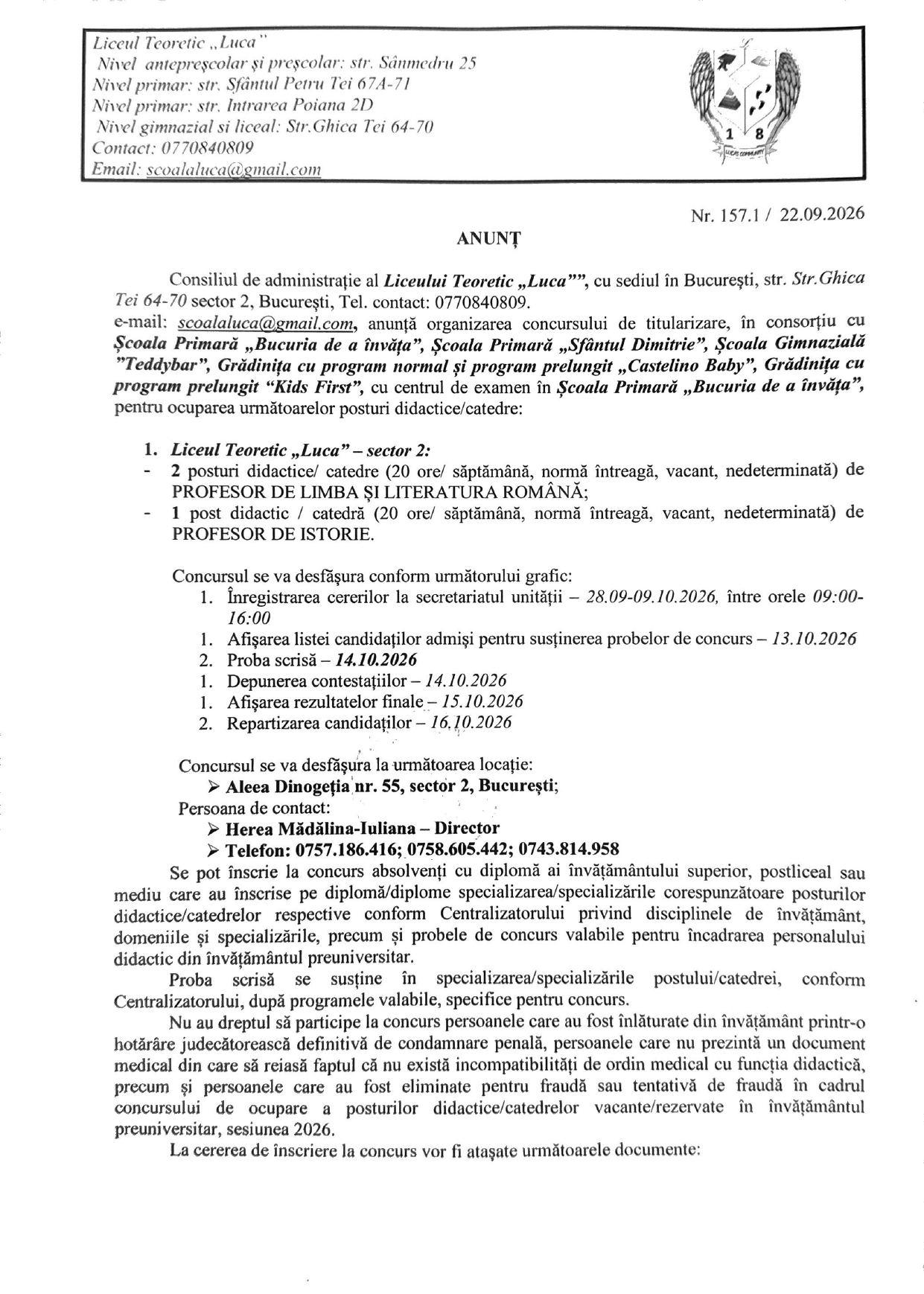 Anunt concurs titularizare