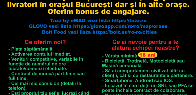 Partener oficial și acreditat Tazz / Glovo / Bolt angajăm livratori(Varsta 16+) full-time sau part-time.