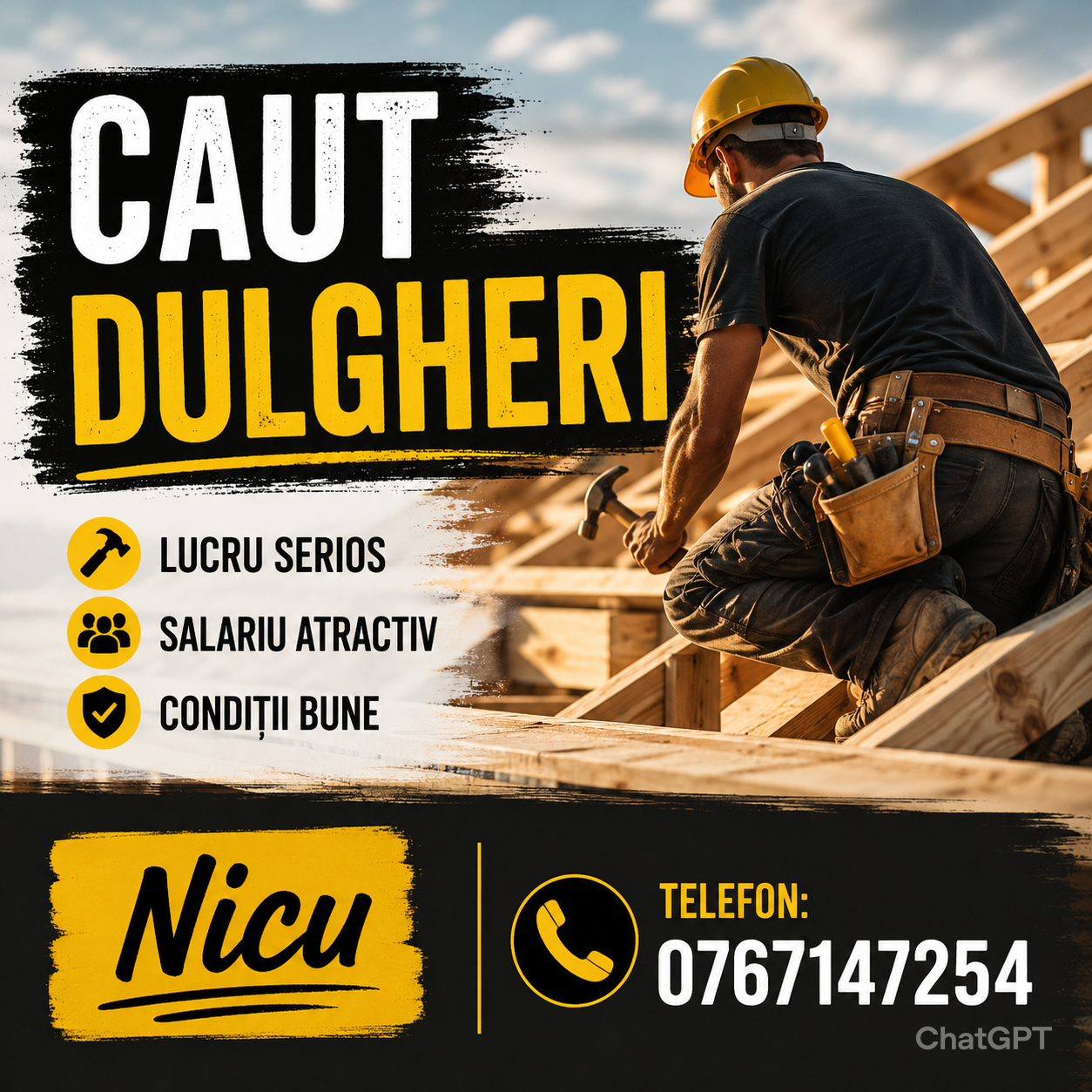 Caut dulgheri pentru munca în construcții!